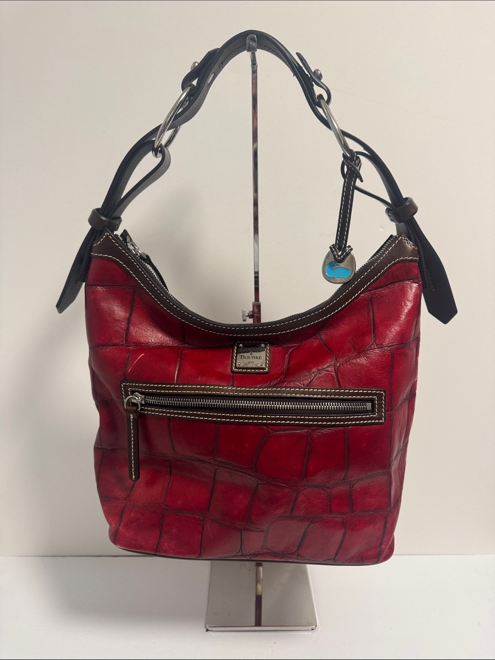 Dooney & Burke Leather Croc Shoulder Bag Vintage red with Brown Strap